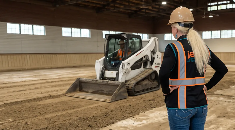 Jenterra supervisor watching a skid steer shape arena footing inside a covered riding arena