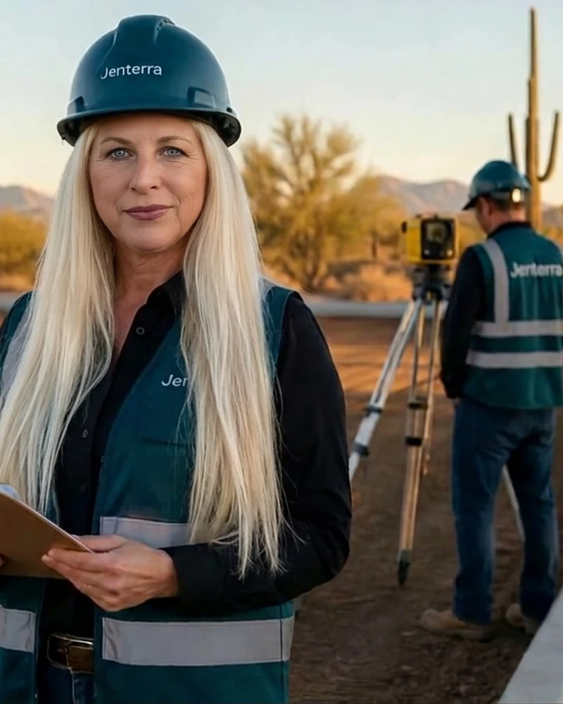 Jenterra owner in branded hard hat and safety vest standing on a graded pad with a skid steer behind her