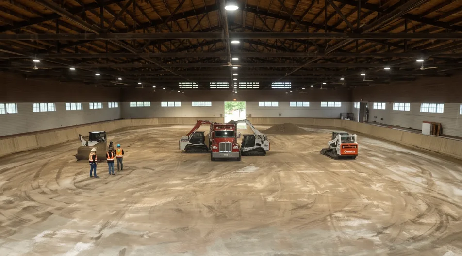 Wide view of a covered arena floor with skid steers, a dump truck, and crew placing material