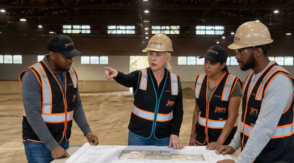 Jenterra crew reviewing engineered site plans on a table inside a covered arena build