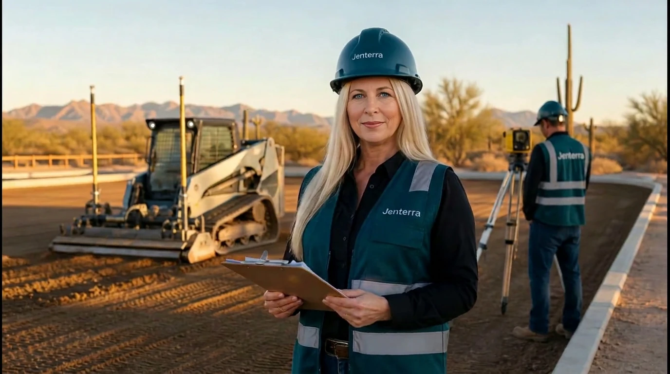 Jenterra project lead with a clipboard beside a laser level while a skid steer grades a parking lot subgrade